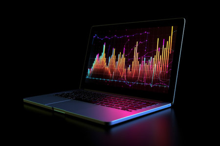 Conceptual illustration of a laptop displaying analytical data with colorful growth charts. Illustration created with generative AIの素材