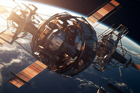 A spaceship orbiting a planet - space exploration concept. Illustration created with generative AIの素材