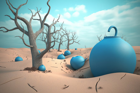 Water scarcity - conceptual illustration with a desert place in need of water. Illustration created with generative AIの素材