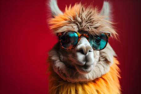 Funny alpaca wearing sunglasses in studio with a colorful and bright background. Created with generative AIの素材