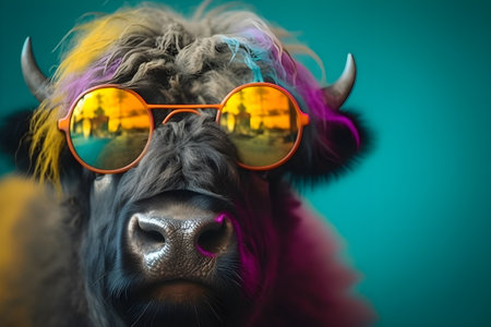 Funny buffalo wearing sunglasses in studio with a colorful and bright background. Created with generative AIの素材