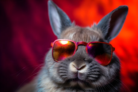 Funny bunny or rabbit wearing sunglasses in studio with a colorful and bright background. Created with generative AIの素材