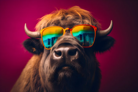 Funny buffalo wearing sunglasses in studio with a colorful and bright background. Created with generative AIの素材