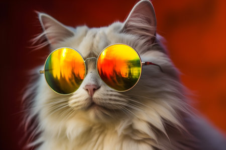 Funny cat wearing sunglasses in studio with a colorful and bright background. Created with generative AIの素材