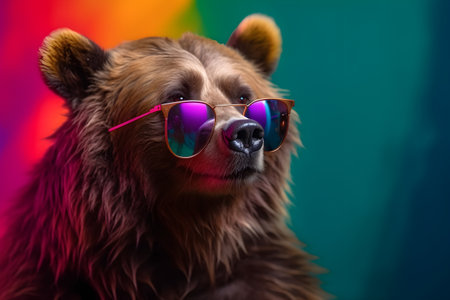 Funny bear wearing sunglasses in studio with a colorful and bright background. Created with generative AIの素材