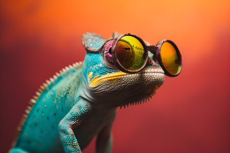 Funny chameleon wearing sunglasses in studio with a colorful and bright background. Created with generative AIの素材
