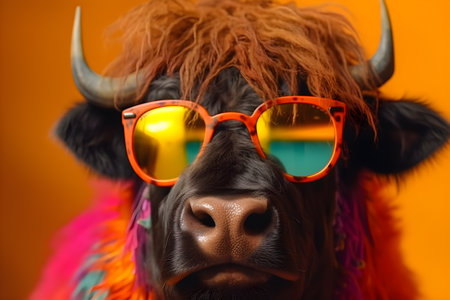 Funny buffalo wearing sunglasses in studio with a colorful and bright background. Created with generative AIの素材