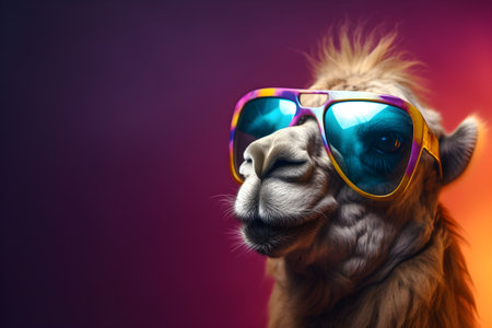 Funny camel wearing sunglasses in studio with a colorful and bright background. Created with generative AIの素材