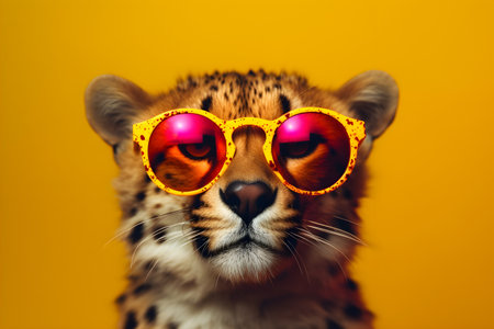 Funny cheetah wearing sunglasses in studio with a colorful and bright background. Created with generative AIの素材