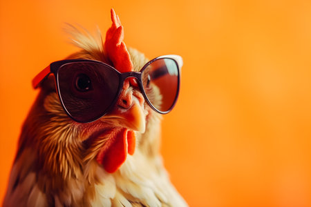 Funny chicken wearing sunglasses in studio with a colorful and bright background. Created with generative AIの素材