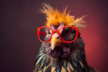 Funny chicken wearing sunglasses in studio with a colorful and bright background. Created with generative AIの素材