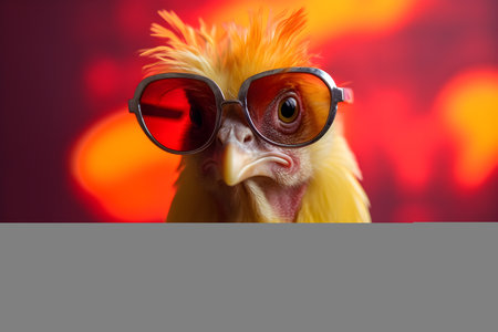 Funny chicken wearing sunglasses in studio with a colorful and bright background. Created with generative AIの素材