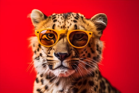 Funny cheetah wearing sunglasses in studio with a colorful and bright background. Created with generative AIの素材