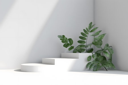 White podium backdrop mockup template, with natural green leaves plant twig, sunlight and foliages leaves shadow. 3d rendering. Created with generative AIの素材