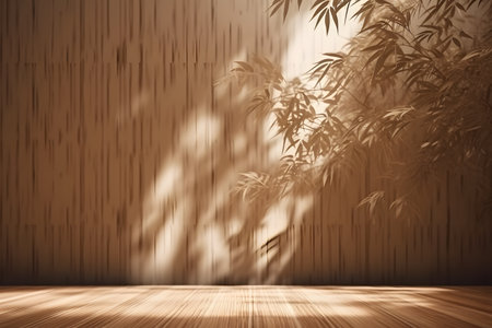 Soft and beautiful foliage dappled sunlight of tropical bamboo tree leaf shadow on brown wooden panel wall, clean mockup template. 3d rendering. Created with generative AIの素材