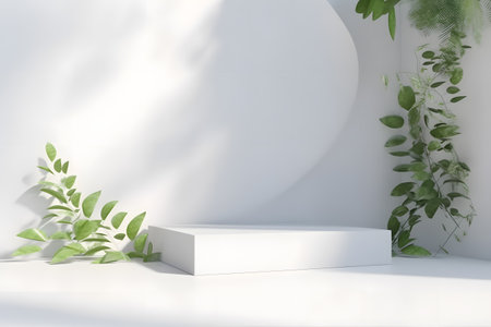 White podium backdrop mockup template, with natural green leaves plant twig, sunlight and foliages leaves shadow. 3d rendering. Created with generative AIの素材