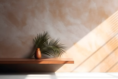 Modern empty pastel brown concrete counter table top in sunlight, palm leaf shadow on stucco texture wall. 3d rendering. Created with generative AIの素材