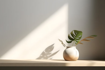 Modern white vase with green plant and a wooden plate on stone counter table with space in sunlight, leaf shadow on beige stucco cement wall for interior design decoration. 3d rendering. Created with generative AIの素材