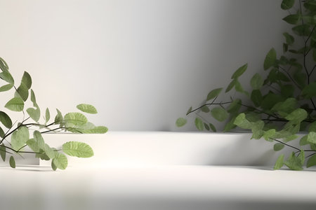 White podium backdrop mockup template, with natural green leaves plant twig, sunlight and foliages leaves shadow. 3d rendering. Created with generative AIの素材