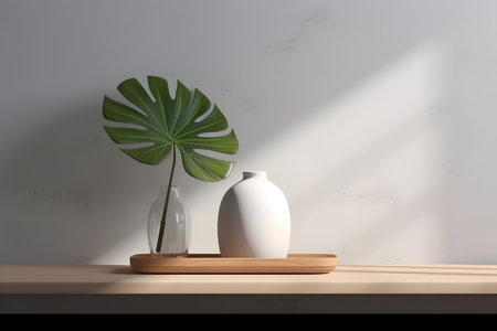 Modern white vase with green plant and a wooden plate on stone counter table with space in sunlight, leaf shadow on beige stucco cement wall for interior design decoration. 3d rendering. Created with generative AIの素材