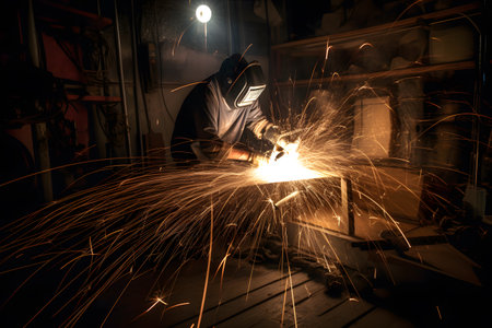 Artistic motion blur photograph of a welder in a fabrication workshop, showcasing the sparks and motion involved in metalworking. Generative AIの素材