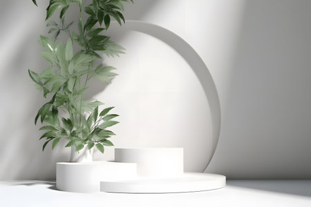 White podium backdrop mockup template, with natural green leaves plant twig, sunlight and foliages leaves shadow. 3d rendering. Created with generative AIの素材
