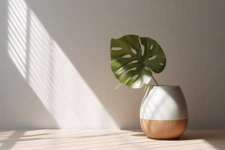 Modern white vase with green plant and a wooden plate on stone counter table with space in sunlight, leaf shadow on beige stucco cement wall for interior design decoration. 3d rendering. Created with generative AIの素材