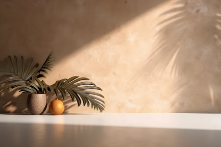 Modern empty pastel brown concrete counter table top in sunlight, palm leaf shadow on stucco texture wall. 3d rendering. Created with generative AIの素材