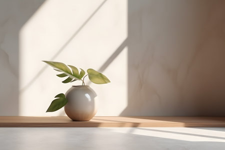Modern white vase with green plant and a wooden plate on stone counter table with space in sunlight, leaf shadow on beige stucco cement wall for interior design decoration. 3d rendering. Created with generative AIの素材