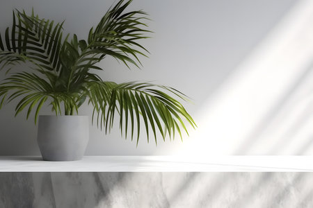 Modern minimal empty white marble stone counter table top, in sunlight, palm foliage leaf shadow on concrete wall background. 3d rendering. Created with generative AIの素材