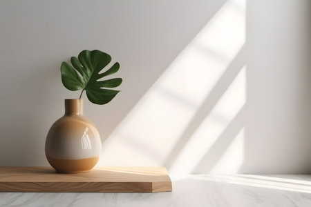 Modern white vase with green plant and a wooden plate on stone counter table with space in sunlight, leaf shadow on beige stucco cement wall for interior design decoration. 3d rendering. Created with generative AIの素材