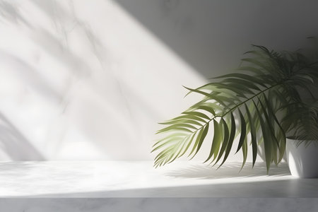 Modern minimal empty white marble stone counter table top, in sunlight, palm foliage leaf shadow on concrete wall background. 3d rendering. Created with generative AIの素材