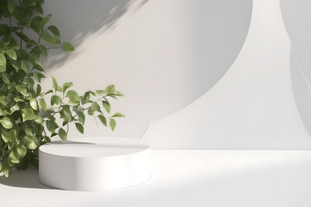 White podium backdrop mockup template, with natural green leaves plant twig, sunlight and foliages leaves shadow. 3d rendering. Created with generative AIの素材