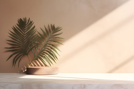 Modern empty pastel brown concrete counter table top in sunlight, palm leaf shadow on stucco texture wall. 3d rendering. Created with generative AIの素材