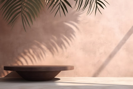 Modern empty pastel brown concrete counter table top in sunlight, palm leaf shadow on stucco texture wall. 3d rendering. Created with generative AIの素材
