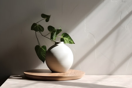 Modern white vase with green plant and a wooden plate on stone counter table with space in sunlight, leaf shadow on beige stucco cement wall for interior design decoration. 3d rendering. Created with generative AIの素材