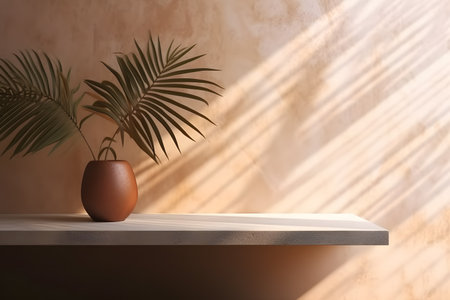 Modern empty pastel brown concrete counter table top in sunlight, palm leaf shadow on stucco texture wall. 3d rendering. Created with generative AIの素材