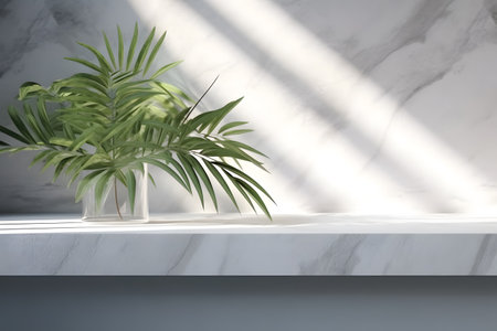 Modern minimal empty white marble stone counter table top, in sunlight, palm foliage leaf shadow on concrete wall background. 3d rendering. Created with generative AIの素材