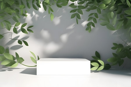 White podium backdrop mockup template, with natural green leaves plant twig, sunlight and foliages leaves shadow. 3d rendering. Created with generative AIの素材