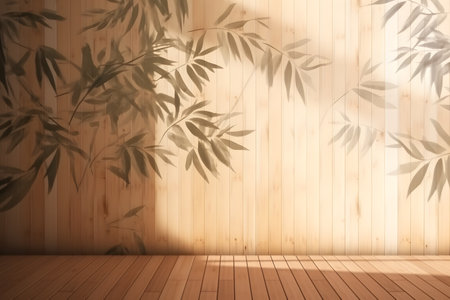 Soft and beautiful foliage dappled sunlight of tropical bamboo tree leaf shadow on brown wooden panel wall, clean mockup template. 3d rendering. Created with generative AIの素材
