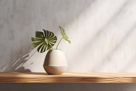 Modern white vase with green plant and a wooden plate on stone counter table with space in sunlight, leaf shadow on beige stucco cement wall for interior design decoration. 3d rendering. Created with generative AIの素材
