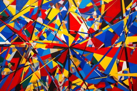 Bold and vibrant abstract background with intersecting lines and triangles in primary colors, modern pop art graphic design. Created with generative AIの素材