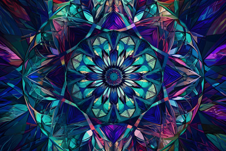 An intricate abstract background featuring interlocking geometric shapes in vibrant hues of blue, green, and purple, forming a mesmerizing kaleidoscope pattern that radiates energy and movement. Created with generative AIの素材