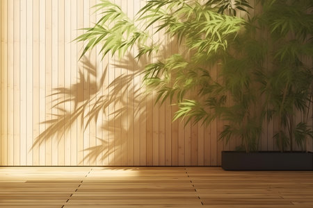 Soft and beautiful foliage dappled sunlight of tropical bamboo tree leaf shadow on brown wooden panel wall, clean mockup template. 3d rendering. Created with generative AIの素材