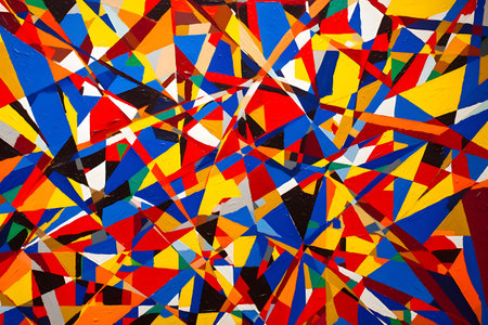 Bold and vibrant abstract background with intersecting lines and triangles in primary colors, modern pop art graphic design. Created with generative AIの素材