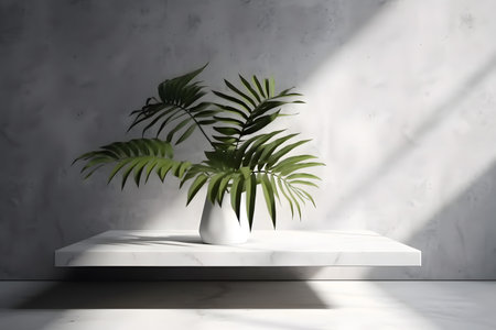 Modern minimal empty white marble stone counter table top, in sunlight, palm foliage leaf shadow on concrete wall background. 3d rendering. Created with generative AIの素材