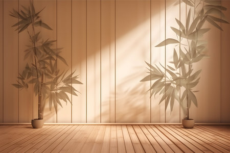 Soft and beautiful foliage dappled sunlight of tropical bamboo tree leaf shadow on brown wooden panel wall, clean mockup template. 3d rendering. Created with generative AIの素材