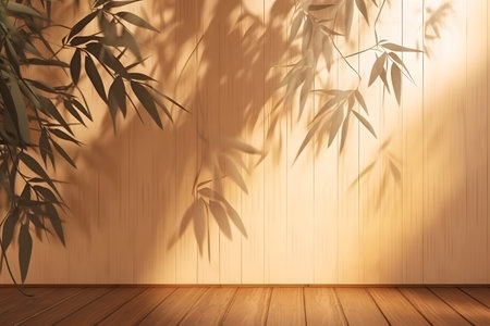 Soft and beautiful foliage dappled sunlight of tropical bamboo tree leaf shadow on brown wooden panel wall, clean mockup template. 3d rendering. Created with generative AIの素材