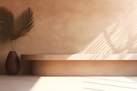 Modern empty pastel brown concrete counter table top in sunlight, palm leaf shadow on stucco texture wall. 3d rendering. Created with generative AIの素材