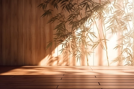 Soft and beautiful foliage dappled sunlight of tropical bamboo tree leaf shadow on brown wooden panel wall, clean mockup template. 3d rendering. Created with generative AIの素材